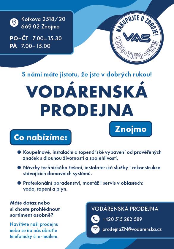 Vodárenská prodejna ve Znojmě se nachází na adrese Kotkova 2518/20 a nabízí kvalitní koupelnové, instalační a topenářské vybavení od prověřených značek. Naši odborníci poskytují profesionální poradenství, montáž a servis v oblastech vody, topení a plynu. Obraťte se na nás telefonicky nebo e-mailem p