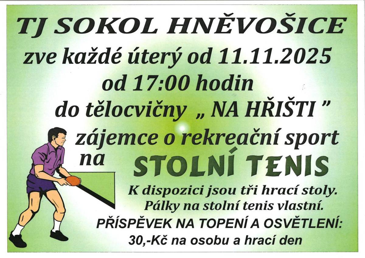 Stolní tenis každé úterý od 17 hodi