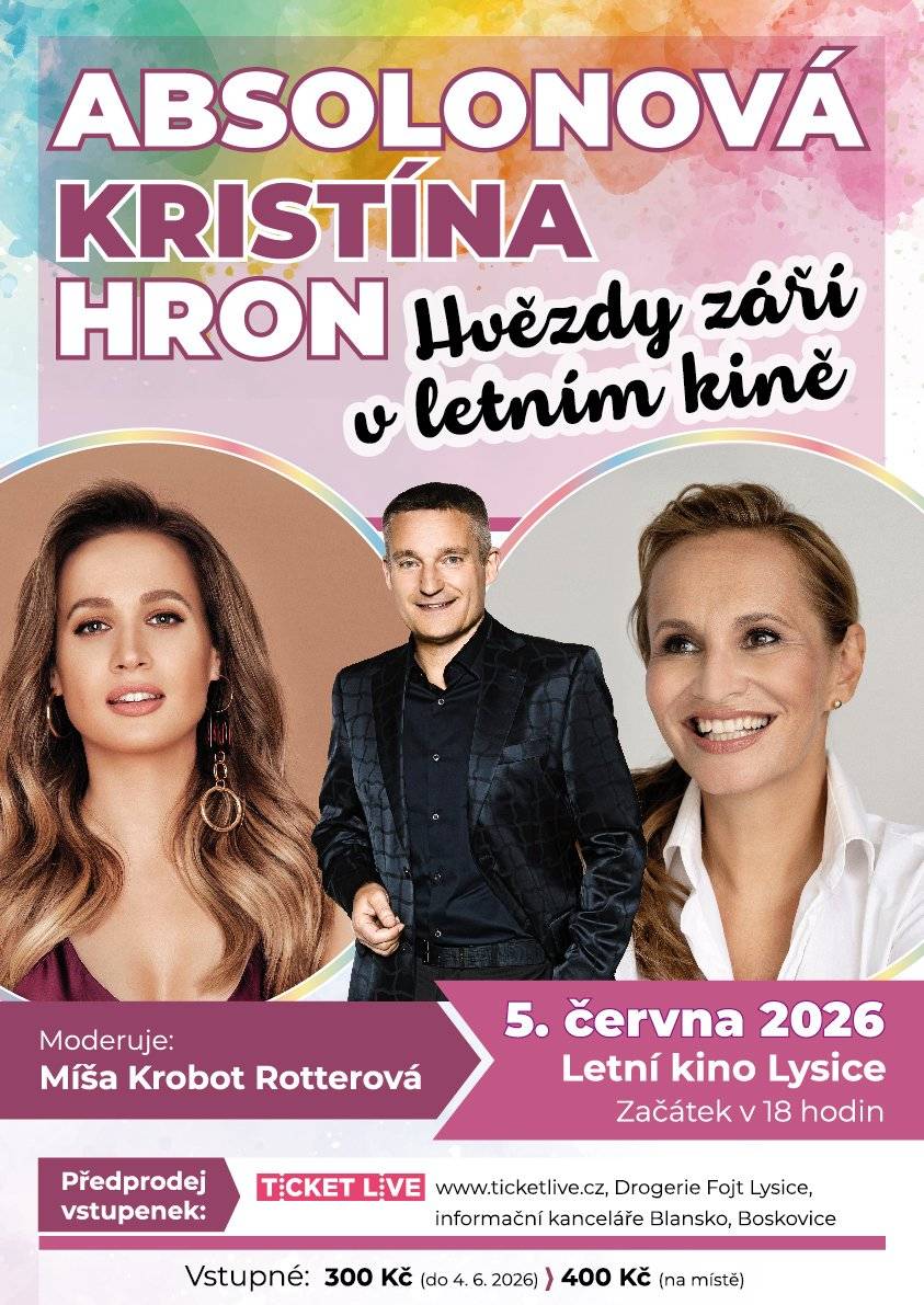 Dobrý den, přeposílám informaci o kulturní akci v Lysicích, vstupenky na vystoupení Moniky Absolonové, Vladimíra Hrona a slovenské zpěvačky Kristíny v krásném prostředí letního kina v Lysicích mohou být pro některé z Vás vhodný vánoční dárek.    Více informací zde: https://1url.cz/QJZox