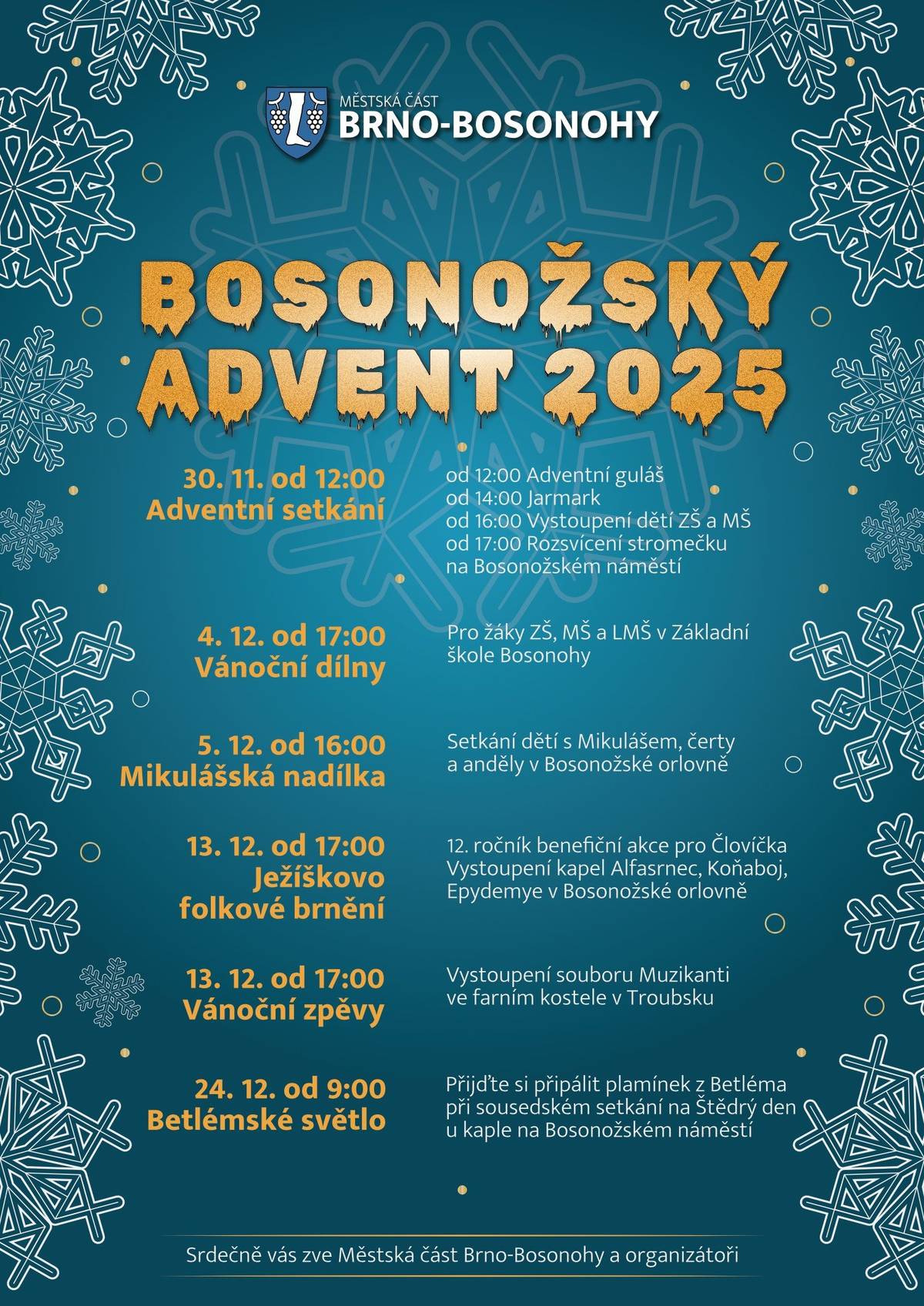 MČ Brno-Bosonohy a organizátoři vás srdečně zvou na Bosonožský advent 2025🎄🌟