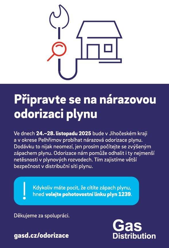 Ve dnech 24. - 28. listopadu bude v Jihočeském kraji probíhat nárazová odorizace plynu. Může dojít ke zvýšenému zápachu plynu.