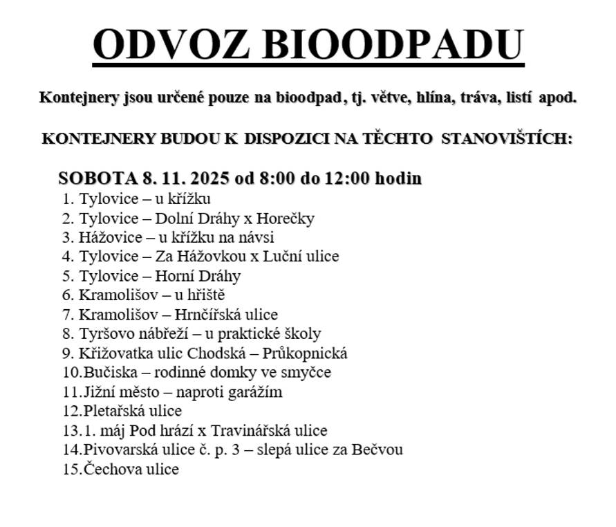 ♻️V sobotu 8. listopadu od 8 do 12 hodin budou přistaveny kontejnery na 15 místech v rámci tradičního podzimního svozu velkoobjemového bioodpadu 🌿  Odkládat zde můžete 👉 Posekanou trávu, větve, plevel, zbytky ovoce a zeleniny, ale i zvadlé květiny nebo zeminu z květináčů 🌿