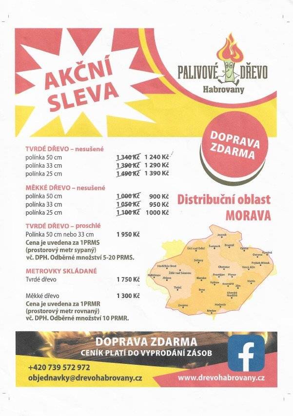 Palivové Dřevo Habrovany nabízí slevu 500kč při objednání 10ti a více sypaných metrů palivového dřeva. Platnost od 5.11 do 31.11.2025. Objednávejte na telefonním čísle : 739 572 972  (8-15h), nebo na www.drevohabrovany.cz