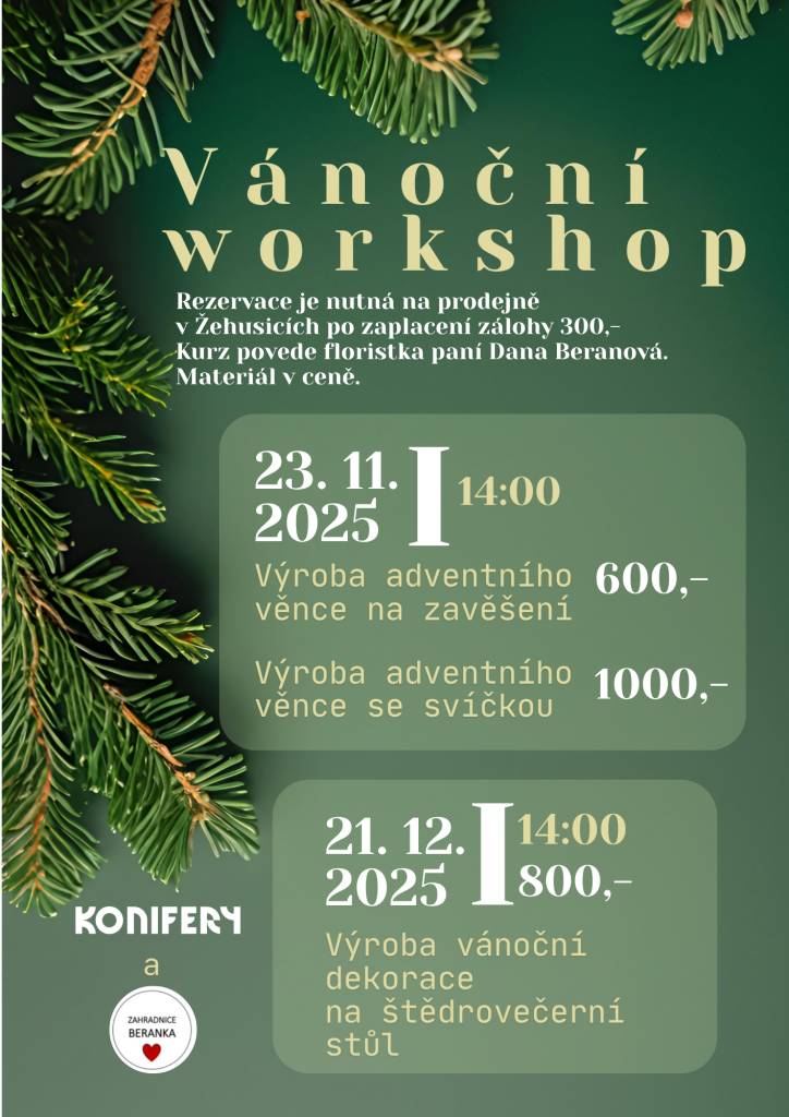 Přijďte si vyrobit krásný adventní věnec na kurz, který se koná 23. listopadu 2025 od 14:00. Kurz povede floristka paní Dana Beranová, která vám pomůže s výběrem materiálu a technikou výroby. Další kurz proběhne 21. prosince 2025 od 14:00.
