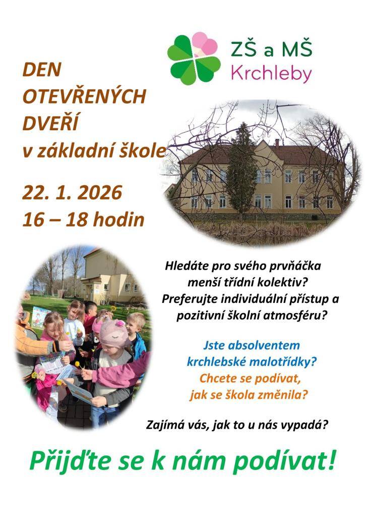 Zveřejňujeme informace ze ZŠ Krchleby, která je naší spádovou základní školou.  Pro předškoláky je připraven den otevřených dveří i adaptační program.   Zároveň zveřejňujeme žádost o přijetí do ZŠ Krchleby.