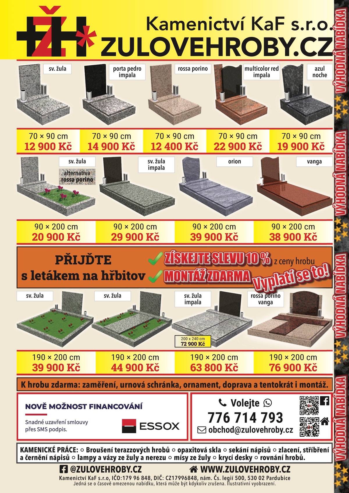 Ve čtvrtek 20.11. a 27.11. v 10:00 – 10:20 bude na hřbitově v Kolesách a v 10:30 – 10:50 bude na hřbitově v Kladrubech nad Labem obchodní zástupce Kamenictví KaF s.r.o. a Žulovéhroby.cz přijímat objednávky k opravám hrobů. Poskytujeme veškeré kamenické práce.