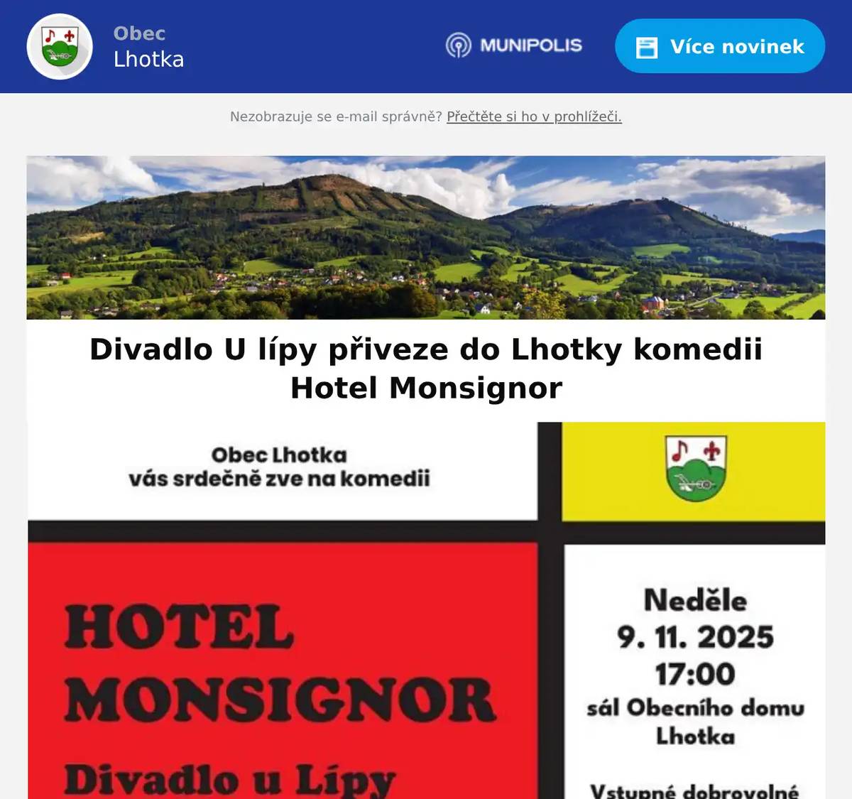 v neděli 9. 11. 2025 od 17.00 hodin v sále Obecního domu  Představte si, že jste první den v nové práci a ještě k tomu, o silvestrovské noci… Není divu, že se stane první směna, doslova noční můrou, hlavního hrdiny Tedda. Přijďte se podívat, jak to celé dopadne v lehké komedii Divadla U Lípy.