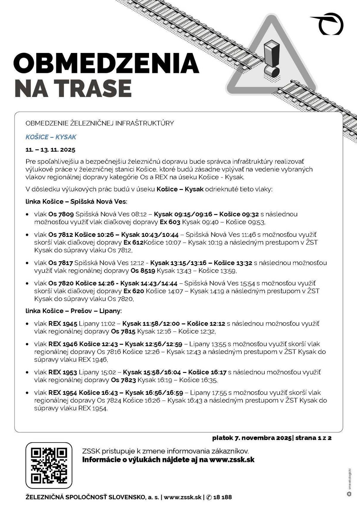 Oznámenie o výlukách:  Košice - Kysak