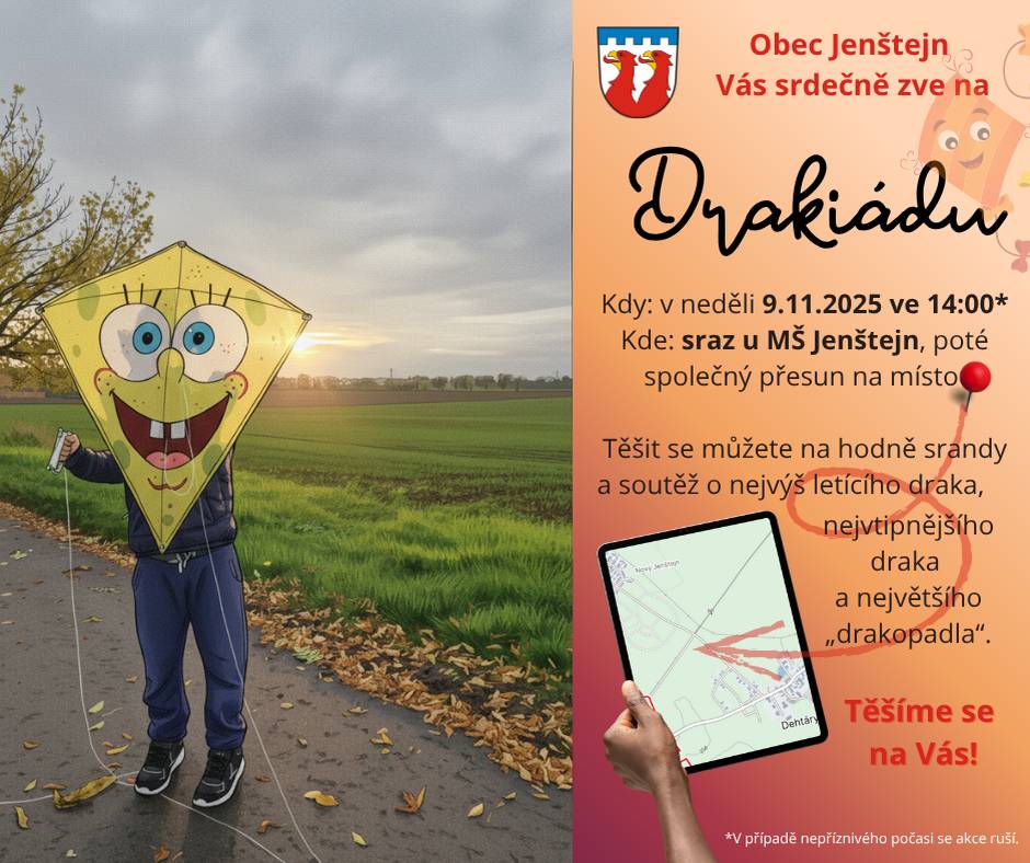 Přijďte si s námi strávit nedělní odpoledne plné smíchu, kamarádů a doufejme, že i větru a létajících draků! 🌬️✨ Kdo jste nestihl pořídit draka, za vratnou zálohu 200 Kč, Vám jej rádi na místě zapůjčíme. Sejdeme se ve 14:00 u školky a pak společně vyrazíme na místo pouštění (pěšky směrem na Dehtáry). Čekají nás soutěže o draky, kteří vylétnou nejvýš, nejvíc nás rozesmějí a nebo nejčastěji spadnou😄 Tak připravte draky a dobrou náladu a vidíme se brzy!