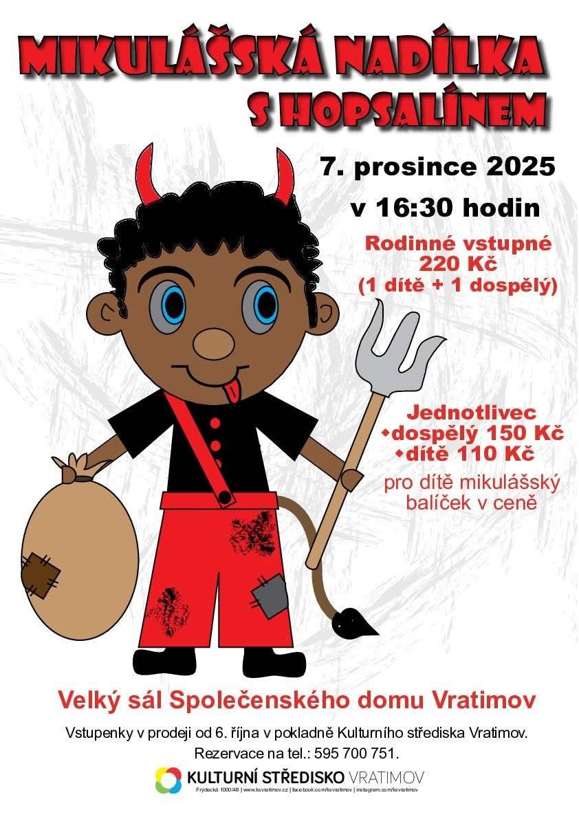 Srdečně zveme rodiny s dětmi na Mikulášskou nadílku s Hopsalínem, která se uskuteční 7. 12. 2025 v 16:30 hodin ve Společenském domě ve Vratimově.