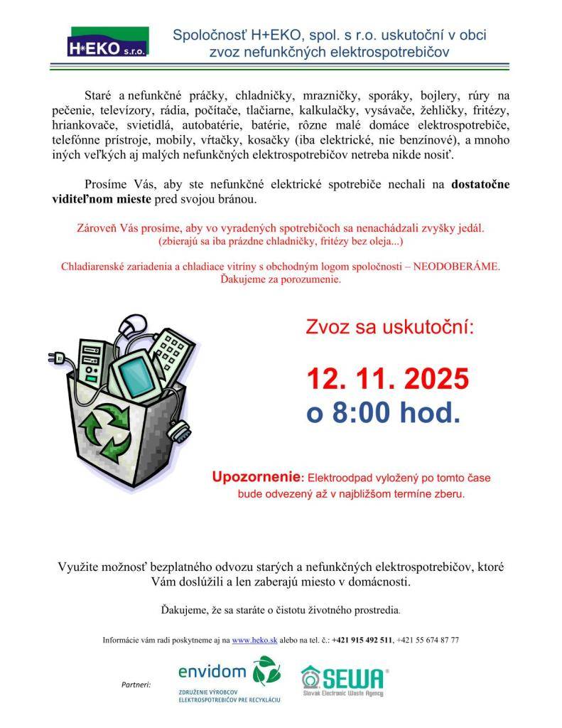 Zvoz nefunkčných elektrospotrebičov 12. 11. 2025 o 8:00 hod.