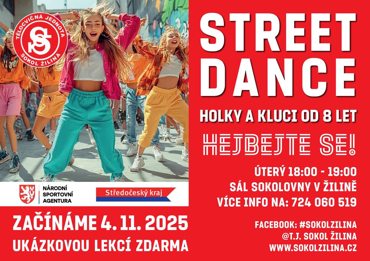 Máte rádi rytmus, pohyb a dobrou energii? Přijďte si vyzkoušet nový taneční kroužek Street Dance, který otevíráme v Sokole Žilina! Naučíte se moderní taneční kroky, zlepšíte svou kondici a užijete si spoustu zábavy v přátelském kolektivu. Kroužek probíhá každé úterý od 18 do 19 hodin v žilinské sokolovně a je určen pro všechny – začátečníky i pokročilé tanečníky.