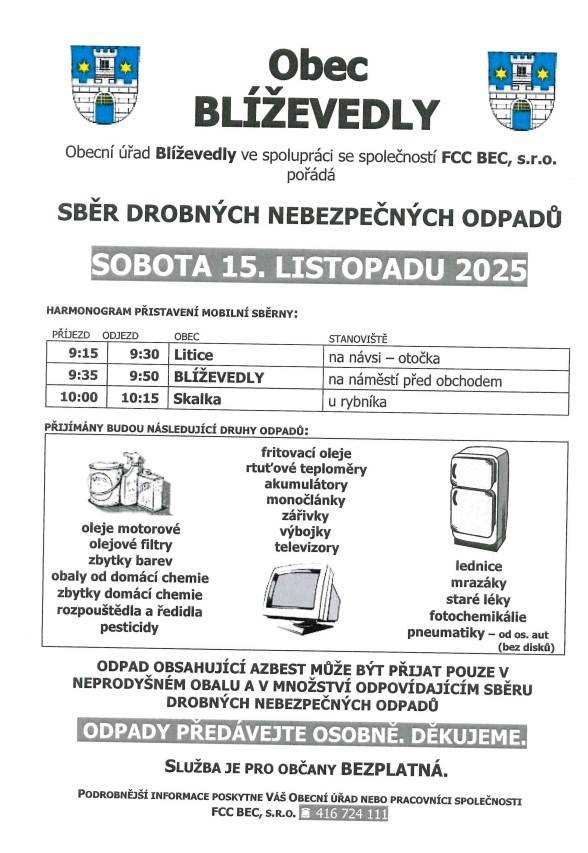 Dne 15.11.2025 proběhne sběr drobných nebezpečných odpadů