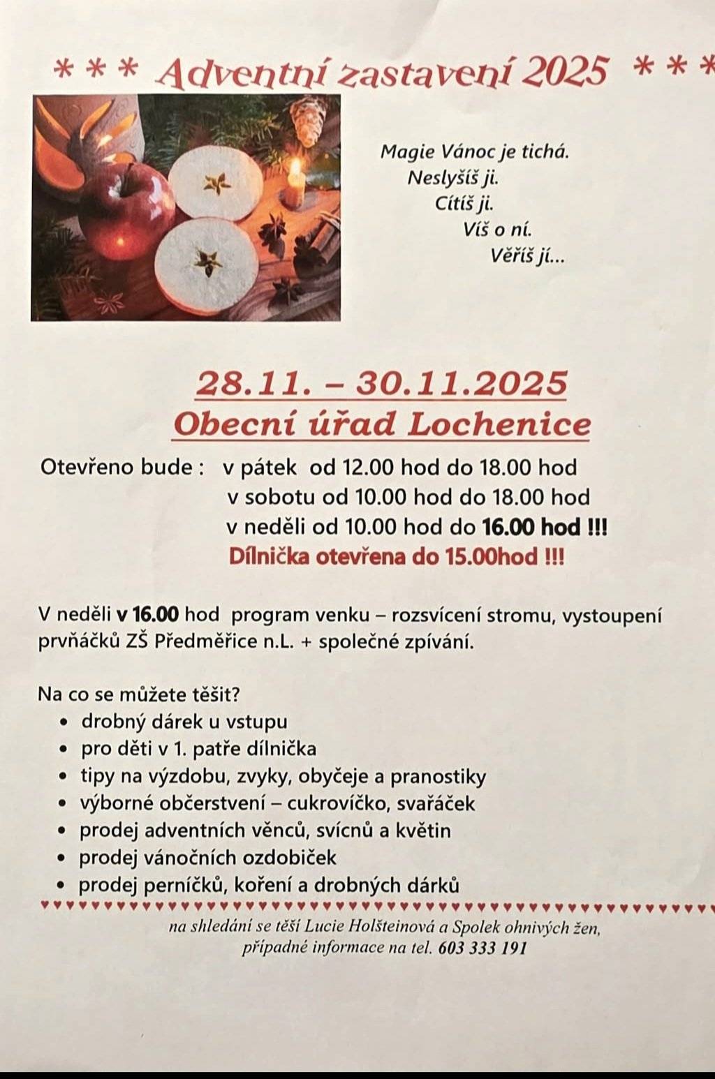 Tradiční Adventní výstava na OÚ Lochenice spojená s rozsvěcením stromku ve dnech 28.-30.11.2025.