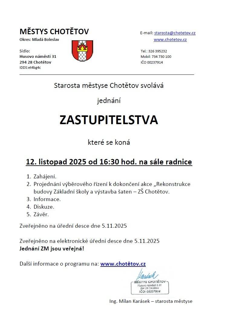 📣 Pozvánka na zastupitelstvo městyse Chotětov.