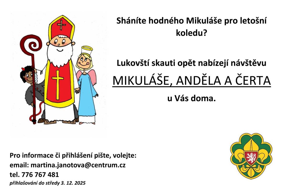 Lukovští skauti opět nabízejí návštěvu MIKULÁŠE, ANDĚLA a ČERTA.