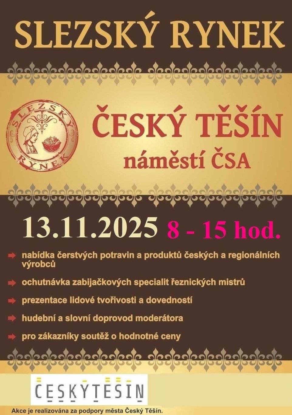 Již tento čtvrtek - 13. listopadu za námi zavítá Slezský rynek. Přijďte si nakoupit čerstvé domácí potraviny a regionální výrobky. Slezský rynek tu pro vás bude od 8:00 do 15:00 hodin.