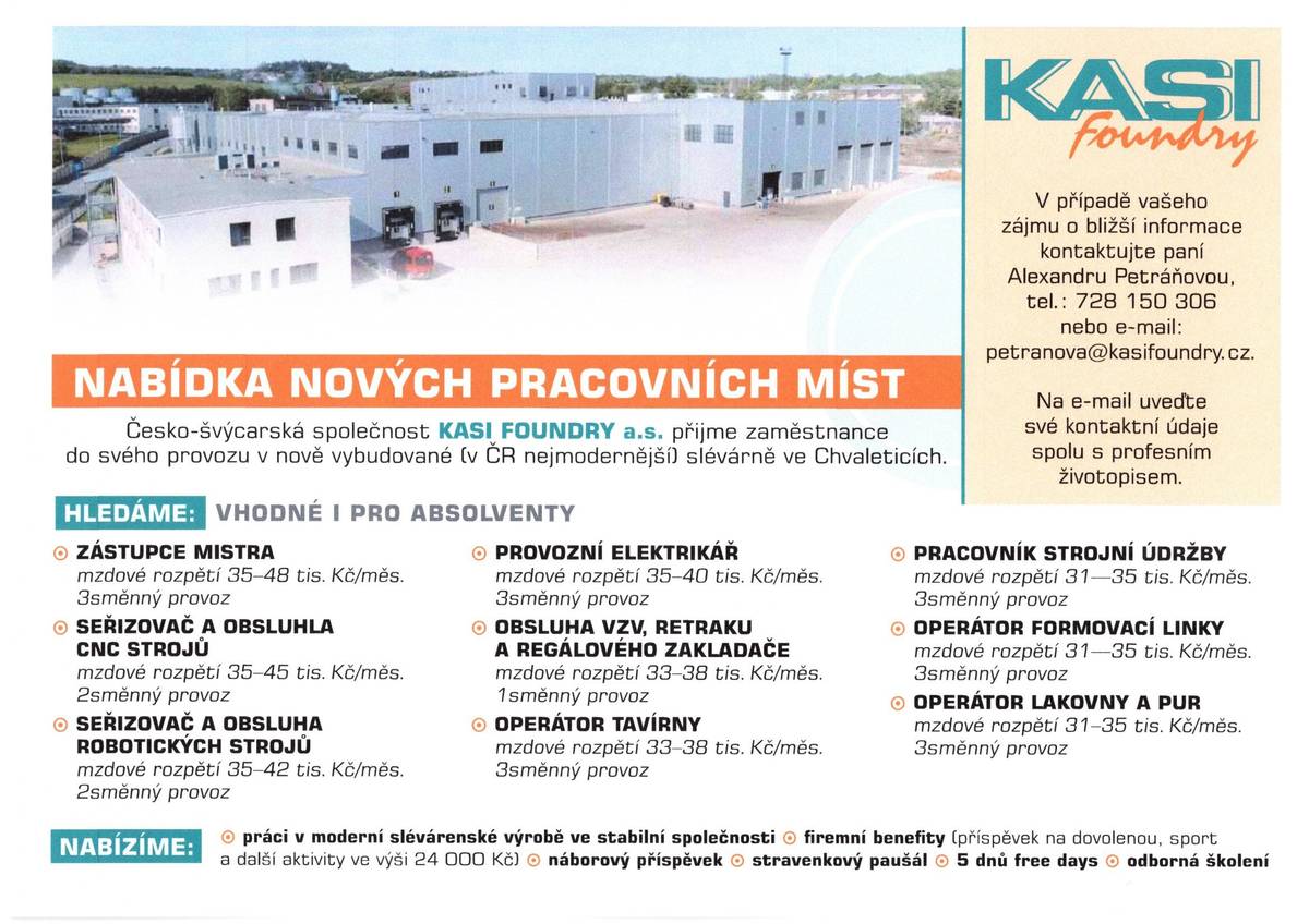 Nabídka práce - KASI FOUNDRY a.s., Chvaletice