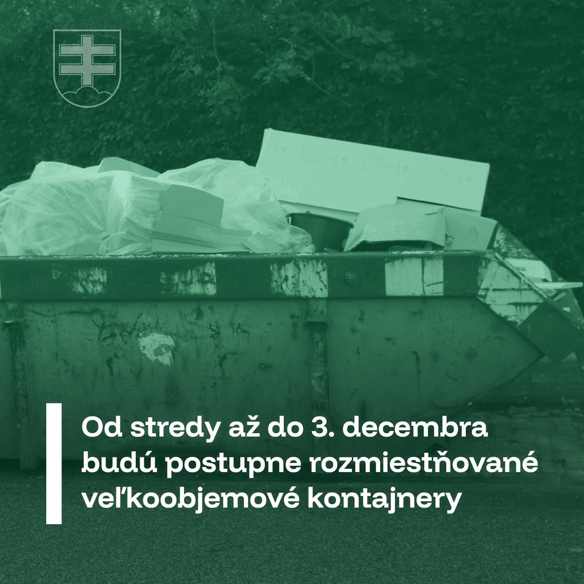 Vážení občania, od stredy až do 3. decembra budú v jednotlivých častiach mesta podľa harmonogramu pristavené veľkoobjemové kontajnery, ktoré vám budú slúžiť na objemný odpad a na komunálny odpad s obsahom nebezpečných látok. V každej lokalite bude pristavený: 1 veľkoobjemový kontajner na objemný odpad (napr. starý nábytok, umývadlá, koberce, matrace...) 1 veľkoobjemový kontajner na komunálny odpad z domácností s obsahom škodlivých látok (napr. odpadové motorové a mazacie oleje, rozpúšťadlá, staré farby, chemické prípravky na ošetrovanie rastlín a drevín, handry znečistené olejom a pod.) Termíny pristavenia a odvozu veľkoobjemových kontajnerov sú stanovené podľa ulíc a nájdete ich na tomto odkaze: https://t.ly/PBeyx