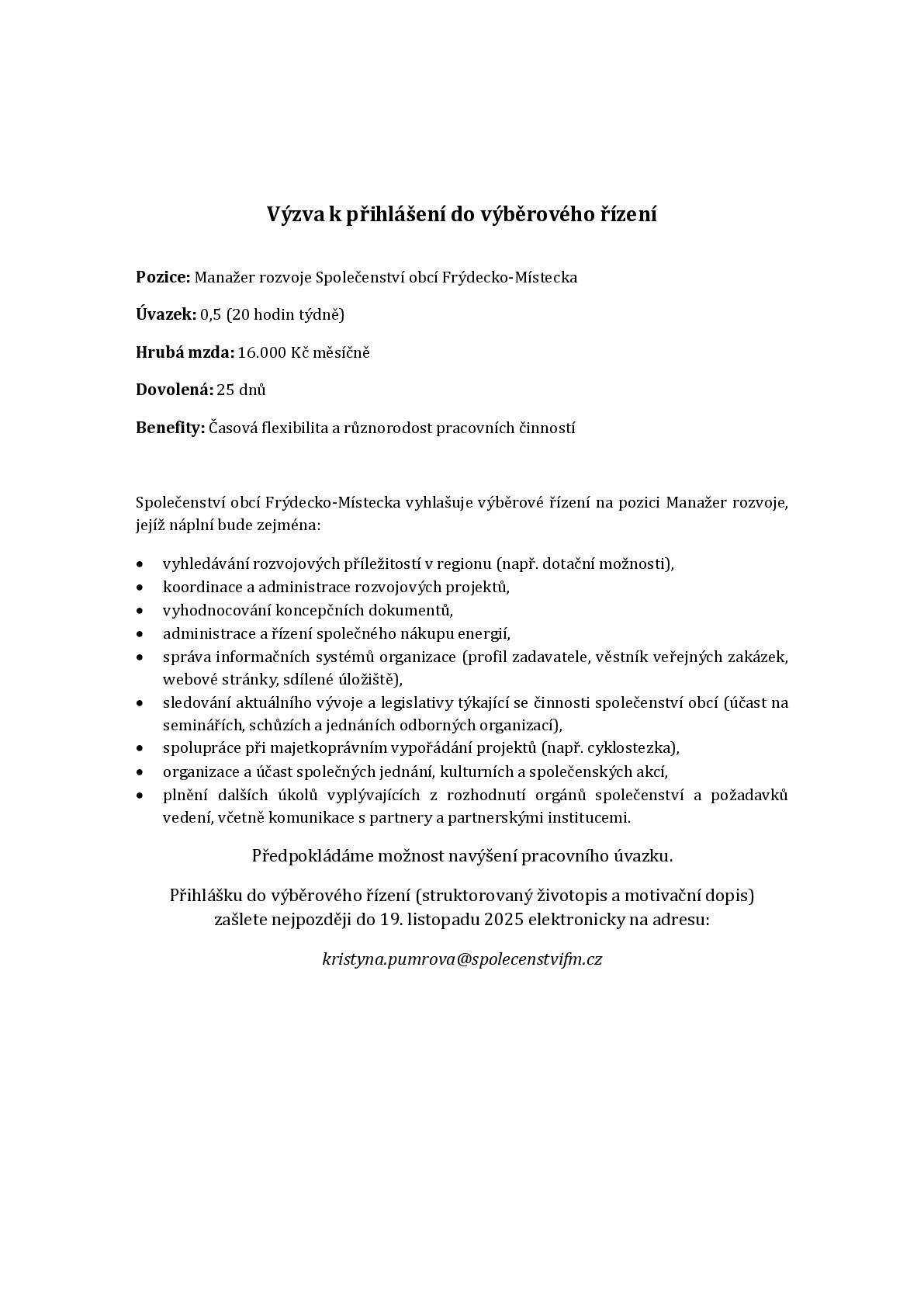 Zveřejňujeme Výzvu k přihlášení do výběrového řízení na pozici Manažer rozvoje Společenství obcí Frýdecko-Místecka.