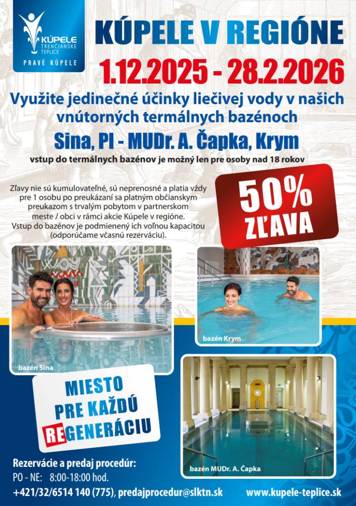 V spolupráci s Kúpeľmi Trenčianske Teplice Vás pozývame využiť 50% zľavu, ktorá platí aj pre našich občanov.