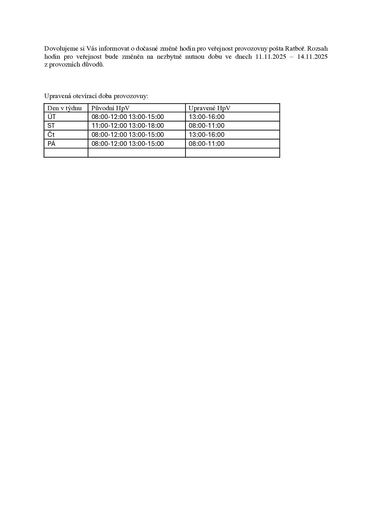Upozornění ve dnech 11. 11. 2025 - 14. 11. 2025