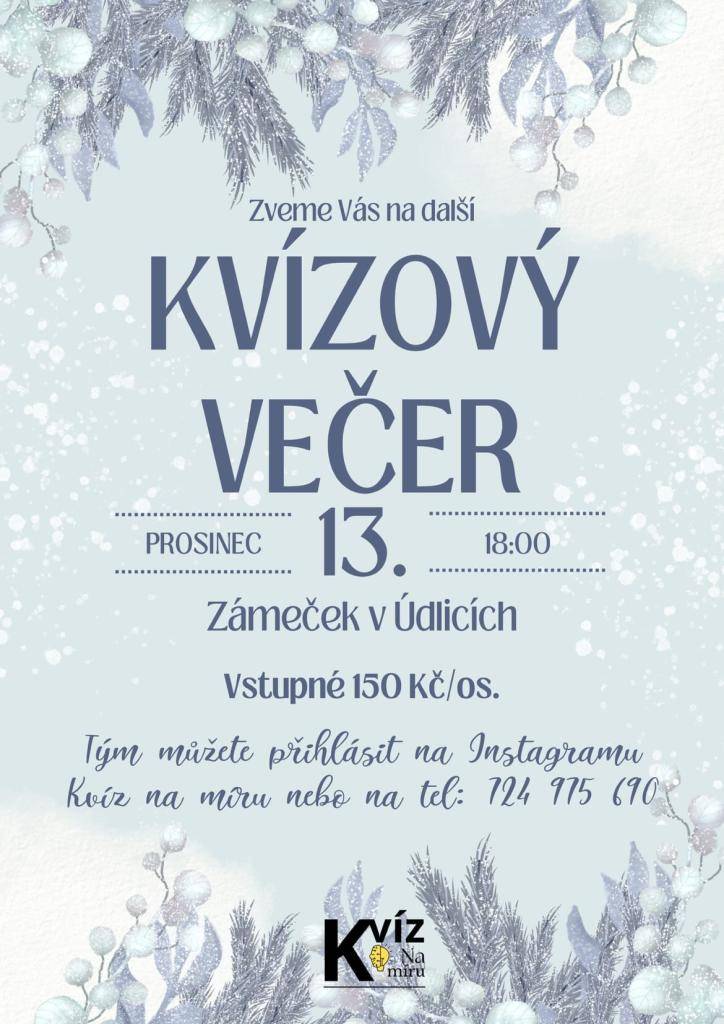Pro všechny, kteří rádi soutěží, je tu další KVÍZ.  13. 12. 2025 od 18hodin na Zámečku. Vstupné 150,-Kč.  Více informací na letáčku.