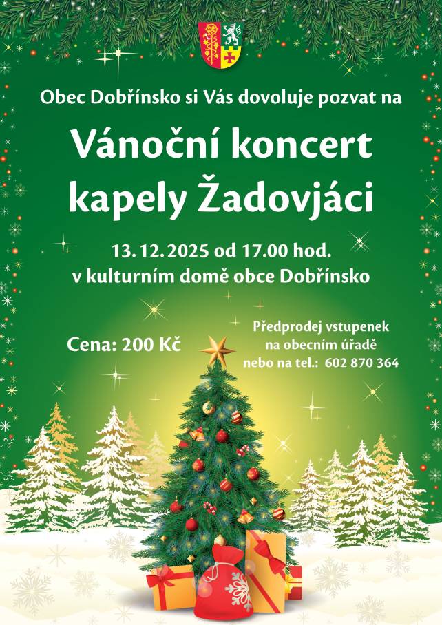 Zveme vás na vánoční koncert, kde vystoupí ku příležitosti 70. výročí založení DH Žadovjáci. Koncert se koná 13. prosince 2025 od 17:00 hodin v kulturním domě v Dobřínsku.