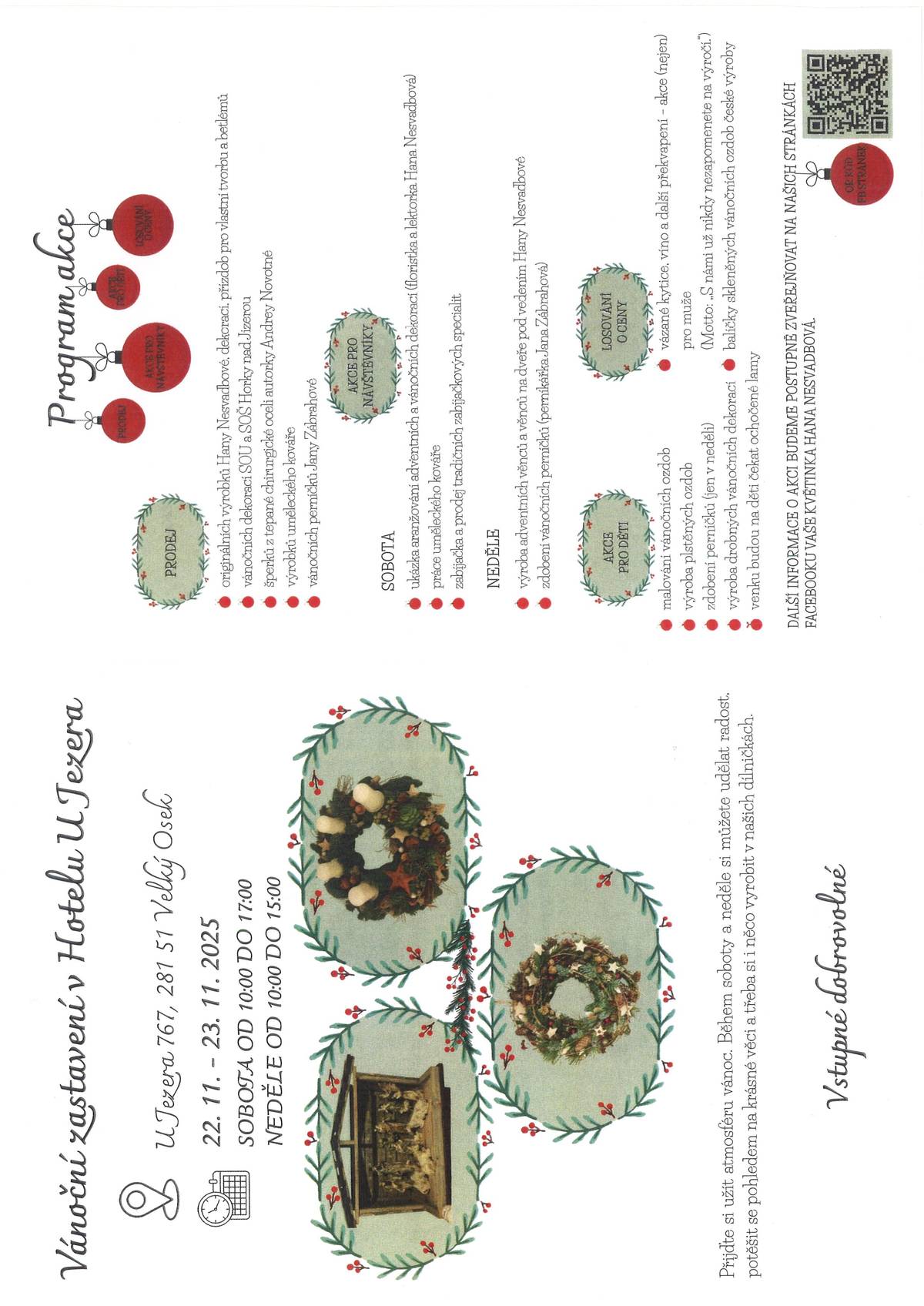 Přijďte si užít atmosféru vánoc. Během soboty a neděle si můžete udělat radost, potěšit se pohledem na krásné věci a třeba si i něco vyrobit v našich dílničkách.