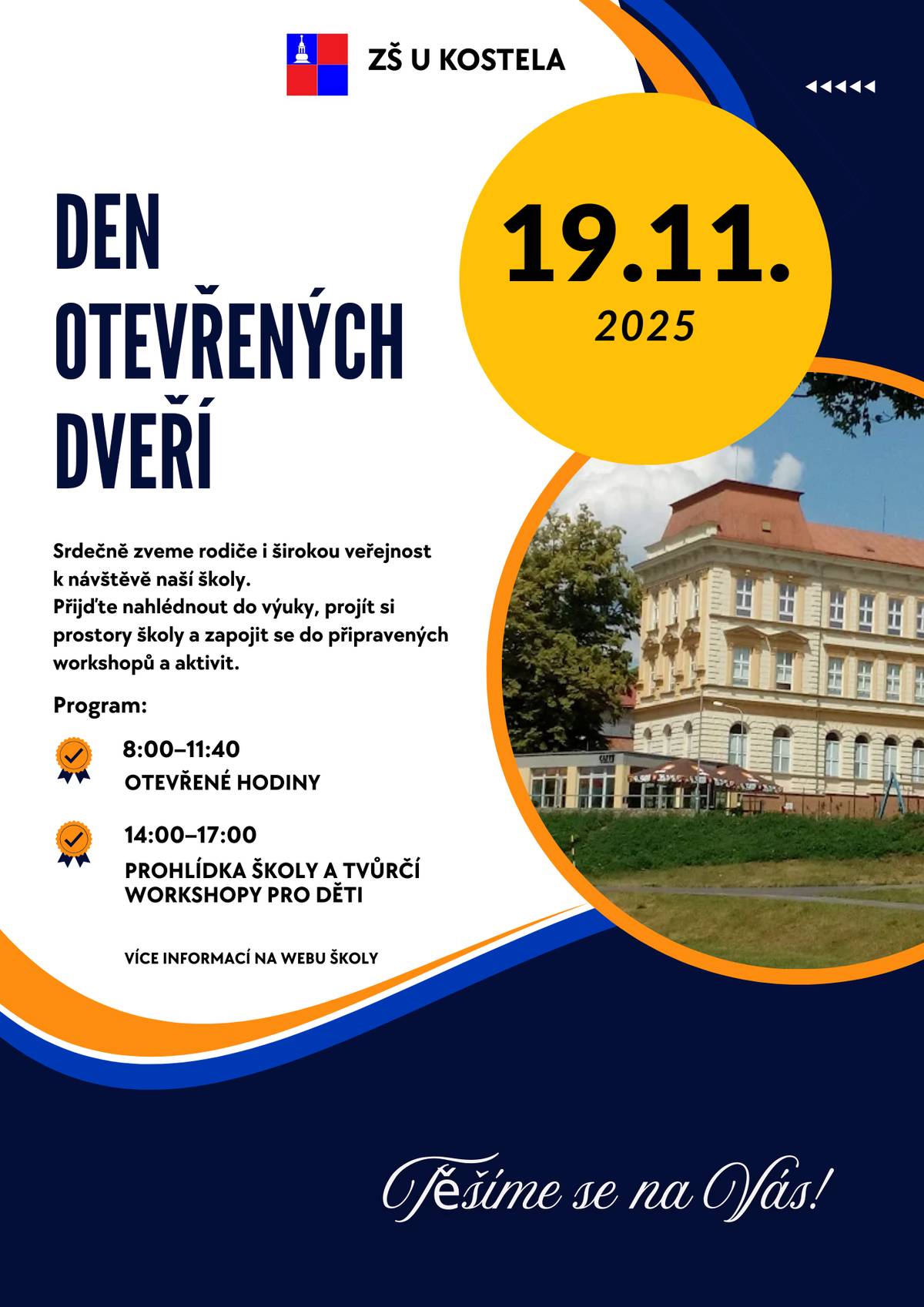 Den "D" se již blíží 👇 Přijďte nahlédnout do výuky, projít si prostory školy a zapojit se do připravených workshopů a aktivit.     Těšíme se na Vás.