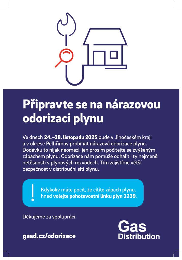 Mezi 24. a 28. listopadem 2025 proběhne v Jihočeském kraji a okrese Pelhřimov nárazová odorizace plynu. Tato akce má za cíl odhalit netěsnosti v plynových rozvodech a tím zajistit větší bezpečnost. Během odorizace prosíme o shovívavost, neboť může být cítit zvýšený zápach plynu, ale dodávka nebude