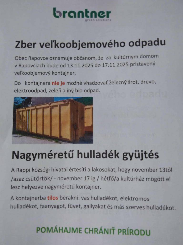Veľkoobjemový kontajner: od 13.11.2025 - do 17.11.2025  Nagymérétű kontajner 2025 november 13 tól - november 17-ig.