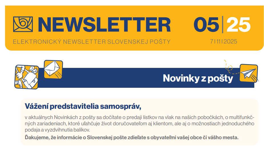 V aktuálnom čísle Noviniek z pošty Vám opäť prinášame prehľad aktuálnych tém, ktoré sú užitočné pre samosprávy a ich obyvateľov.