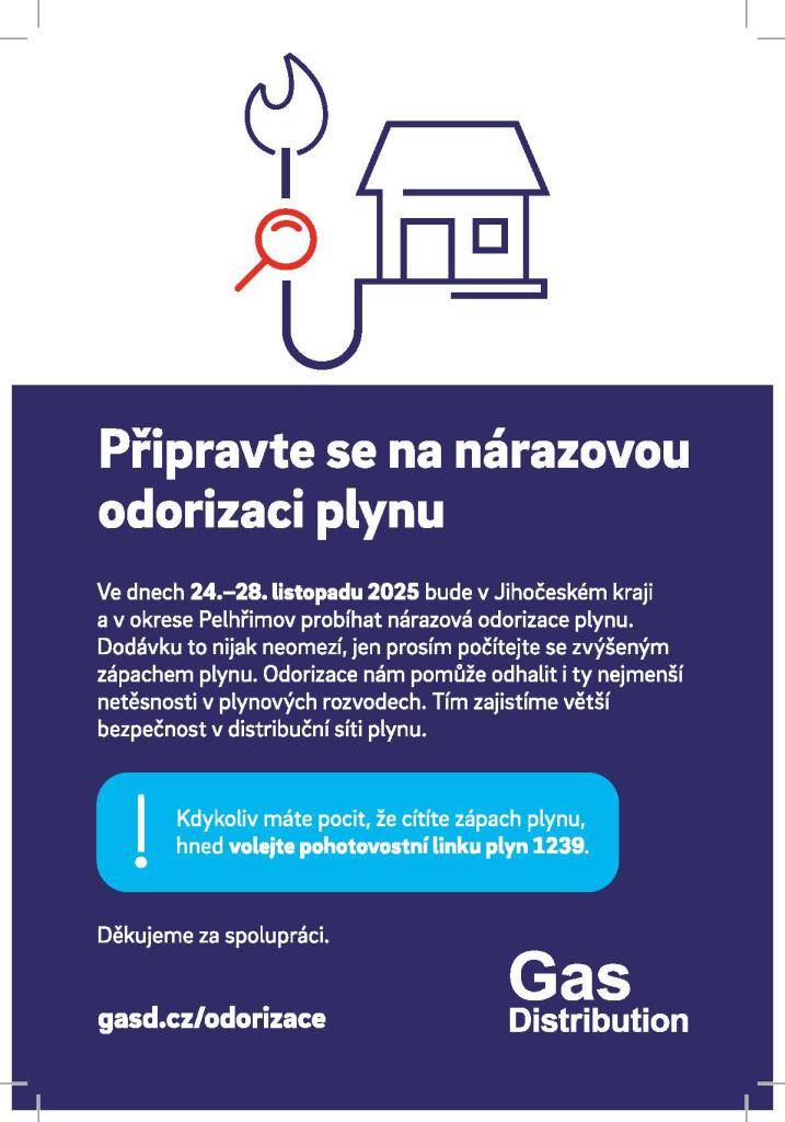 Ve dnech 24. – 28. listopadu 2025 bude v Jihočeském kraji a okrese Pelhřimov probíhat nárazová odorizace plynu. Dodávku plynu to nijak neomezí, jen prosím počítejte s případným zvýšeným zápachem plynu.