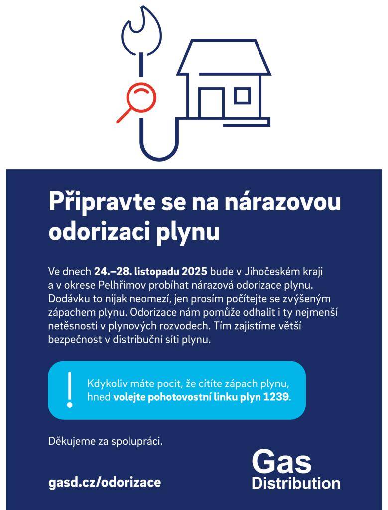 Ve dnech 24. – 28. listopadu 2025 bude v Jihočeském kraji a okrese Pelhřimov probíhat nárazová odorizace plynu.