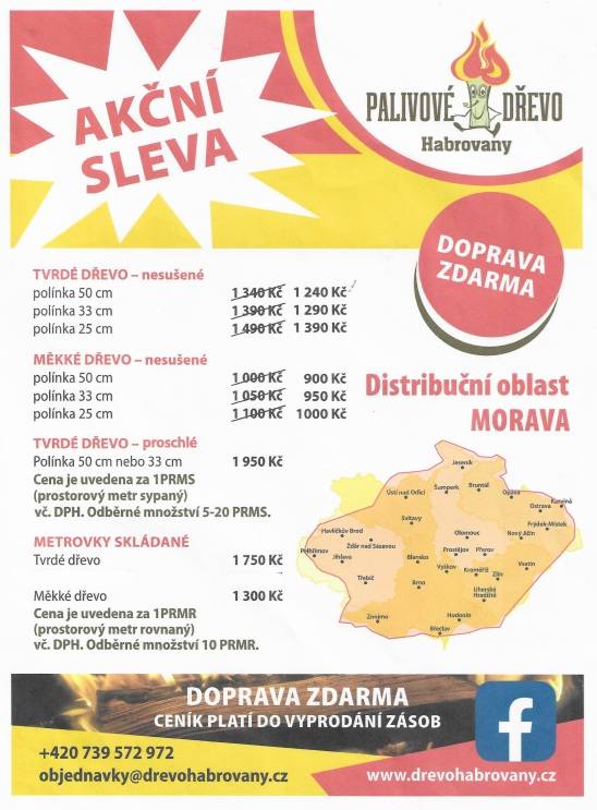 Palivové Dřevo Habrovany nabízí slevu 500kč při objednání 10ti a více sypaných metrů palivového dřeva. Platnost od 5.11 do 31.11.2025. Objednávejte na telefonním čísle : 739 572 972  (8-15h), nebo na www.drevohabrovany.cz.