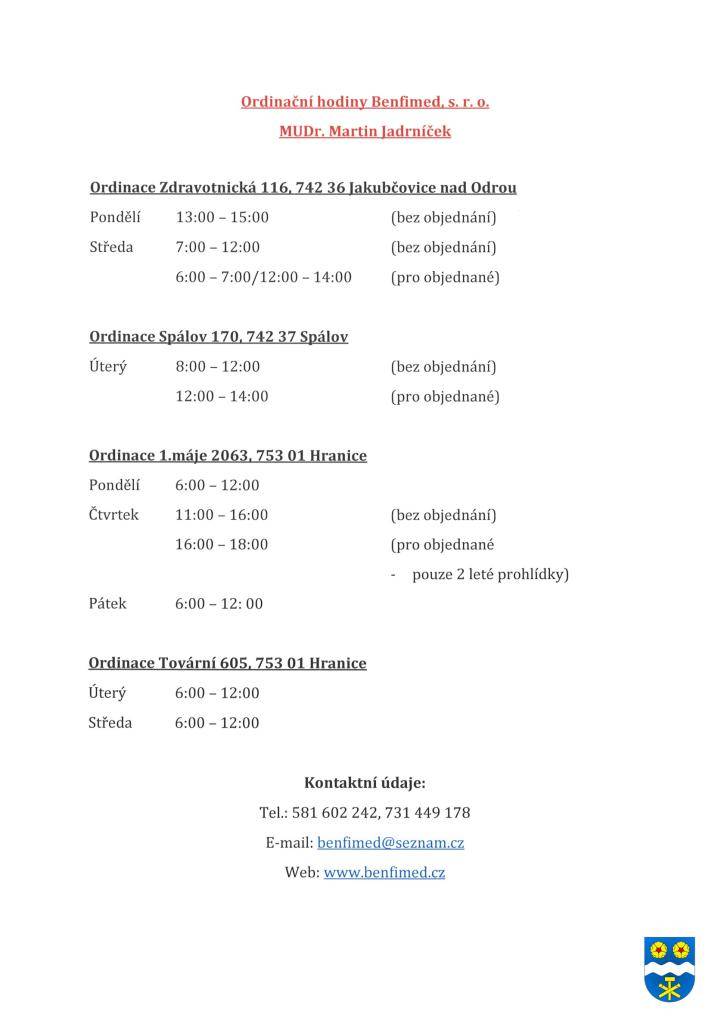 Ordinace Jakubčovice n/O., Spálov, Hranice