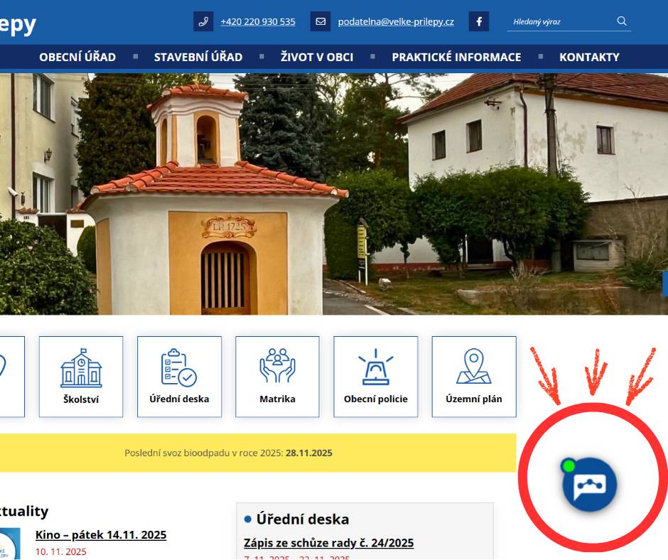 Na webu obce byl spuštěn zkušební provoz chatbota. Náš nový chatbot nemá připravené odpovědi – místo toho aktivně vyhledává informace na webu obce, ale také na stránkách mateřské školy, základní školy či ORP Černošice. Chatbota spustíte kliknutím na ikonu v pravém dolním rohu obrazovky. Budeme rádi, když ho vyzkoušíte a ohodnotíte jeho odpovědi – vaše zpětná vazba nám pomůže jeho fungování dál zlepšovat.