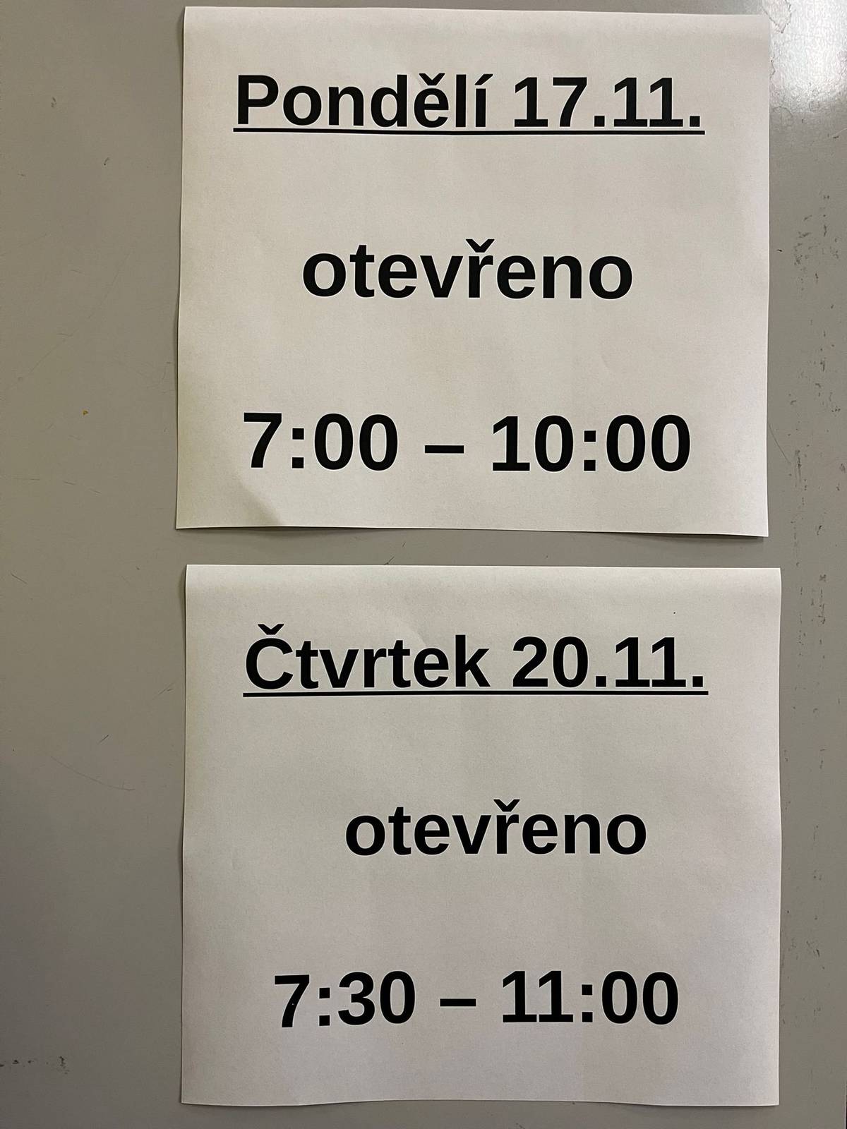 prodejna COOP oznamuje, že v pondělí 17.11.2025 bude otevreno  7:00- 10:00 hod a ve ctvrtek 20.11.2025 bude otevreno 7:30-11:00.