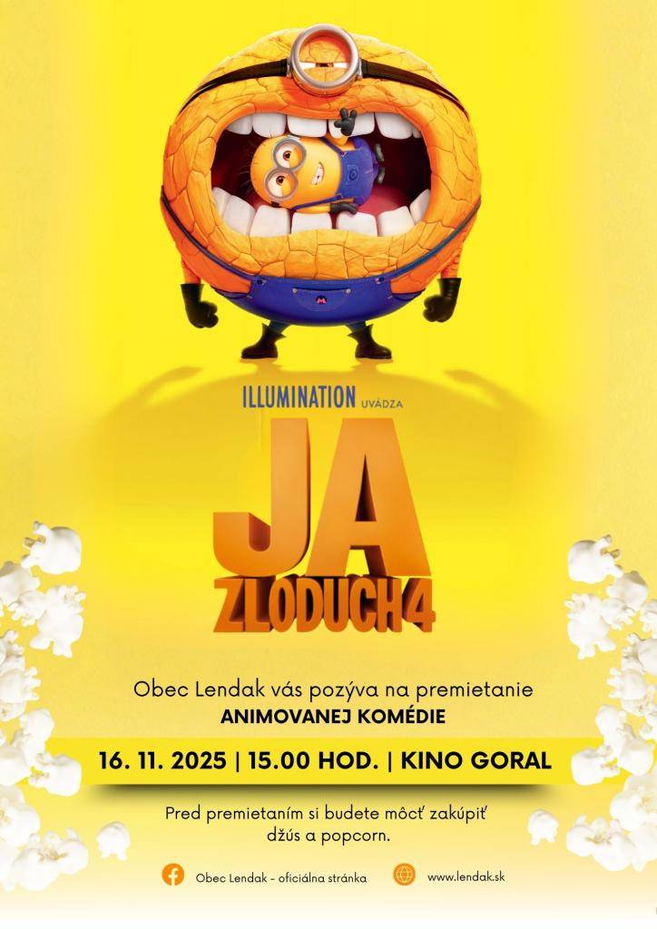 Srdečne vás pozývame na animovaný dobrodružný rodinný film "Ja zloduch 4" do Kina Goral v nedeľu 16.11.2025 o 15.00 hod. Pred premietaním si budete môcť tradične kúpiť popcorn a džús. Tešíme sa na vás.