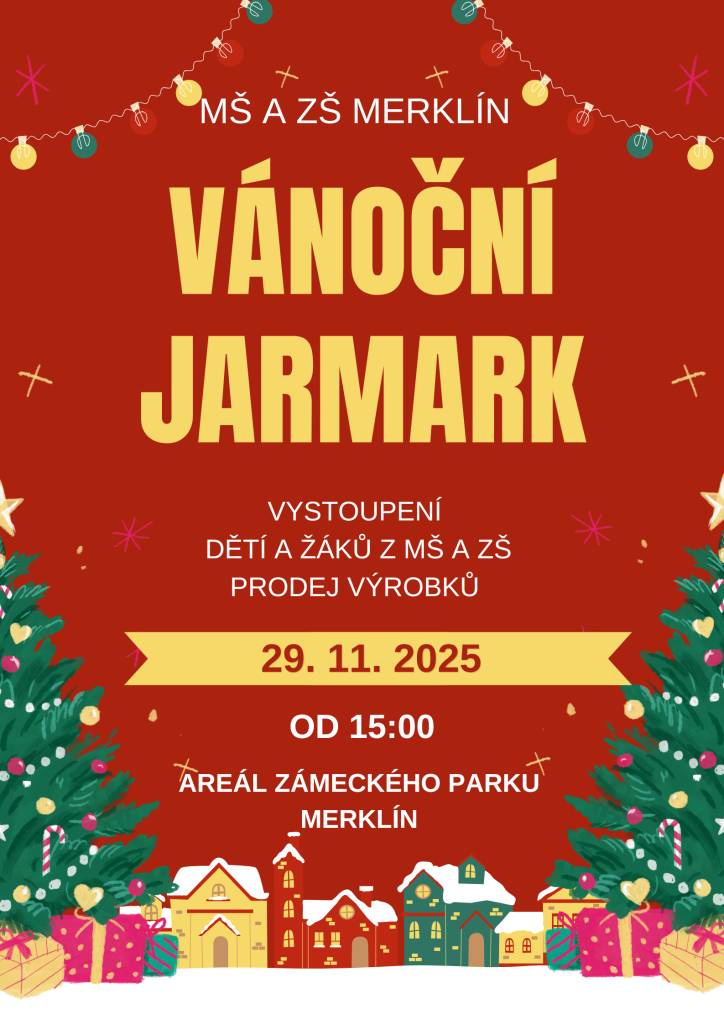 Srdečně vás zveme na vánoční jarmark, který se uskuteční 29. listopadu 2025 od 15:00 v areálu zámeckého parku. Na jarmarku si budete moci zakoupit výrobky žáků a užít si jejich vystoupení.