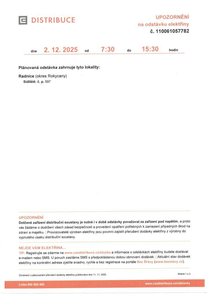 V úterý 2. prosince proběhne odstávka elektřiny od 7:30 do 15:30 hodin v Radnicích.