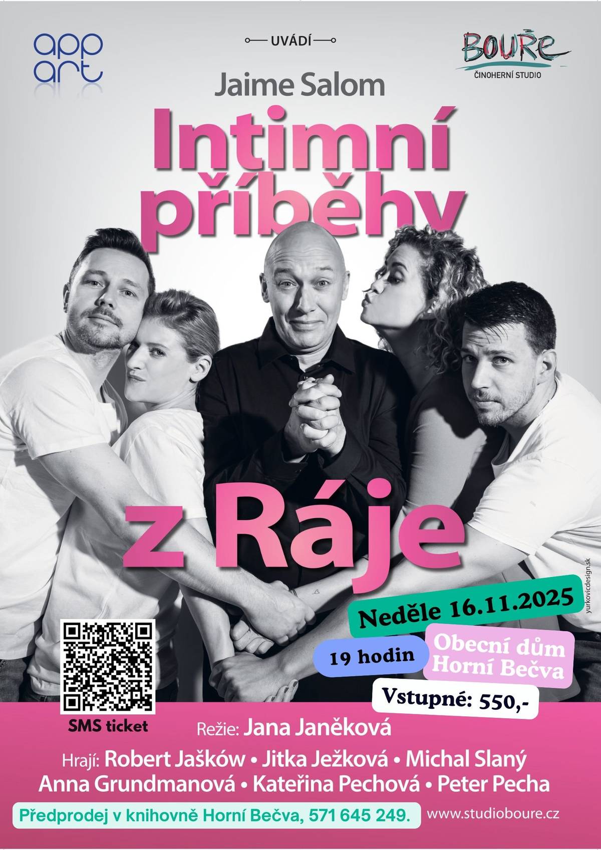 Zveme vás na divadelního představení Intimní příběhy z Ráje, které se koná tuto neděli 16.11. od 19 hodin v Obecním domě Horní Bečva. Cena je 550,- / vstupenku. Ve Zlíně je toto představení již vyprodané.   Účinkují: Robert Jašków, Jitka Ježková, Anna Grundmanová a Michal Slaný. Režie: Jana Janěková, zlínská rodačka, která v současné době žije u Valašského Meziříčí. Valašský životopis zde:  https://www.janajanekova.com/curiculum.php#valassky   Intimní příběhy z ráje jsou úsměvnou komedií, vtipnou a zajímavou vizí Edenu, ve které se jemným humorem odhalují detaily soužití mezi muži a ženami. Ukazuje Ráj, v němž mohla být na pár chvil akceptována perspektiva existence svobodné ženy s vlastními názory, jako rovnocenné partnerky muže. Pointa zůstává viset ve věčné otázce co bylo, je a bude?   „Některé hebrejské legendy říkají, že před Evou existovala jiná žena. Bájná Lilith, stvořená z hlíny současně s Adamem. Ta ho po krátké době opustila, protože chtěla požívat rovnosti se svým manželem“.   Vstupenky na tel.čísle: 571 645 249 nebo v síti smsticket. Kavárna bude v provozu.   https://www.smsticket.cz/vstupenky/63038-intimni-pribehy-z-raje-obecni-dum-horni-becva?utm_campaign=smsticket-prodejni-odkaz