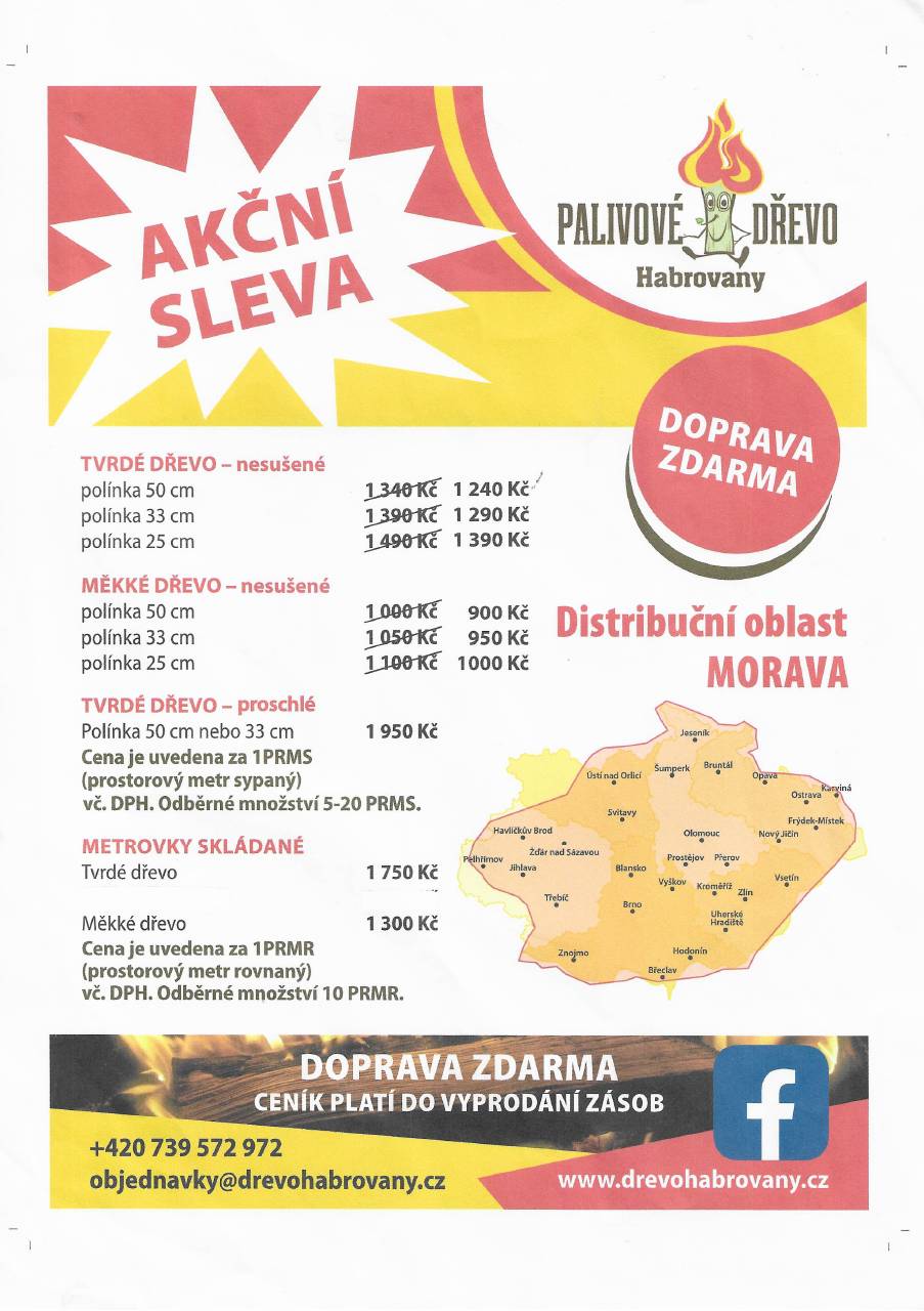Palivové Dřevo Habrovany nabízí slevu 500,- Kč při objednání 10-ti a více sypaných metrů palivového dřeva. Platnost do 31.11.2025. Objednávejte na telefonním čísle : 739 572 972  (8,00 hod. -15,00 hod.), nebo na www.drevohabrovany.cz.