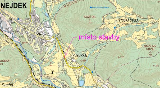 Vážení občané, dovolujeme si vás informovat o zahájení výstavby nových autobusových zastávek s názvem Nejdek, Vysoká Štola, rozcestí (viz obrázek),  v úseku mezi čerpací stanicí pohonných hmot ORLEN a křižovatkou směrem na Vysokou Štolu, podél silnice II/220 mezi Pozorkou a Nejdkem. Prosíme o zvýšenou opatrnost při pohybu v okolí staveniště a o respektování dočasného dopravního značení. Děkujeme za pochopení a trpělivost během realizace této stavby.