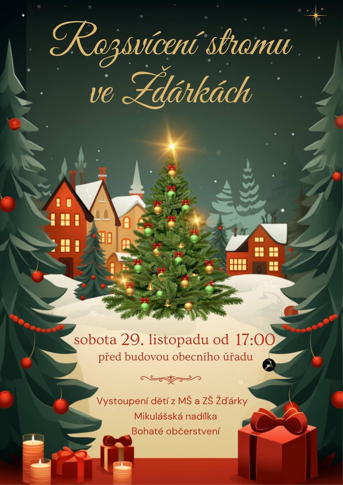 Dobrý den, vážení občané. Rozsvícení vánočního stromu  ve Žďárkách se blíží... A proto nezapomeňte příjít i vy. Kdy: Sobota 29. listopadu 2025 od 17:00 Kde: Před budovou obecního úřadu 👉 Opět nás čeká vystoupení dětí ze ZŠ a MŠ Žďárky. 👉 Zahřejeme se čerstvě uvařeným svařákem a punčem. 👉 Své chutě tradičně ukojíme domácím cukrovím a nebo grilovanou klobásou. A mnohem víc... Především se ale můžeme těšit na přátelské setkání, sousedské popovídání a společně se naladíme na blížící se Vánoce 🎄🎁. Těšíme se na vás. Obecní úřad Žďárky