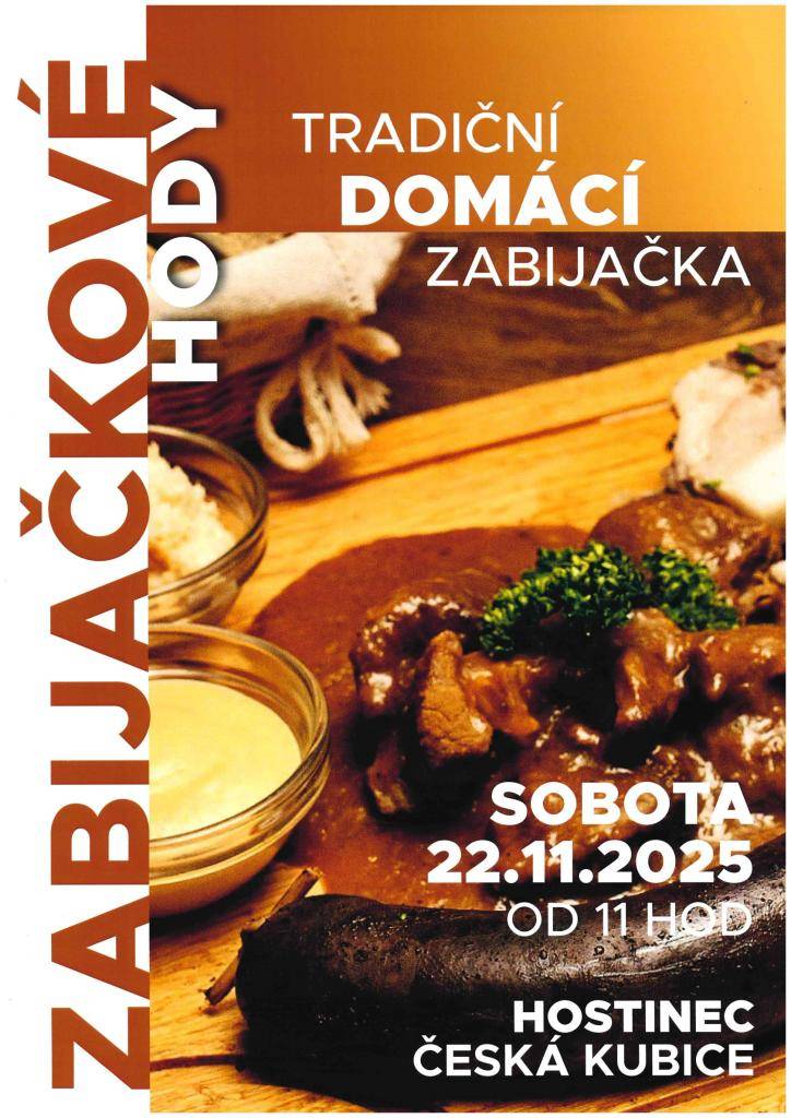 Hostinec Česká Kubice Vás zve na tradiční zabijačkové hody, které se uskuteční v sobotu 22. 11. 2025 od 11:00.