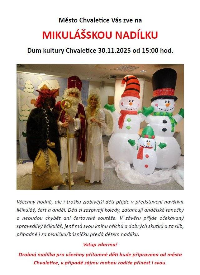 MIKULÁŠSKÁ NADÍLKA v neděli 30.11.2025 od 15:00 hodin v DK Chvaletice.