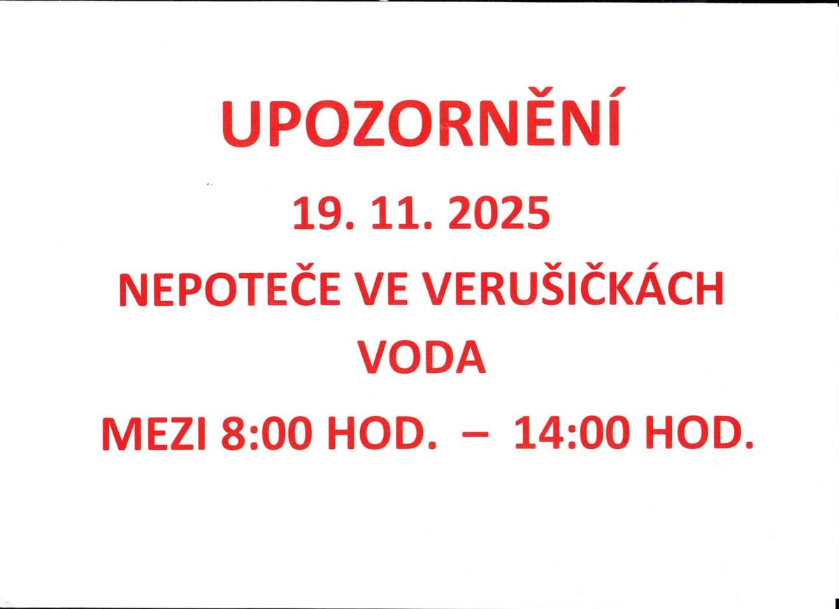 Upozornění na odstávku vody ve Verušičkách, dne 19.11.2025 od 8:00 do 14:00.