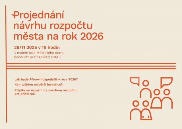 Zajímá vás, jaké investice město plánuje, kolik peněz půjde do školství, dopravy, kultury nebo třeba sportu? Přijďte se osobně seznámit s návrhem rozpočtu města Přerova na rok 2026. Veřejné projednávání se uskuteční ve středu 26. listopadu od 16 hodin v Městském domě. Na místě budou přítomni zástupci města, kteří představí hlavní body návrhu rozpočtu, vysvětlí plánované výdaje i příjmy a přiblíží, jaké projekty se chystají v příštím roce. „Občané se dozvědí například to, které části města čekají investice, jak se bude rozvíjet infrastruktura, nebo jaké priority si město stanovilo v oblasti životního prostředí a sociálních služeb,“ zve veřejnost na projednávání primátor města Petr Vrána.